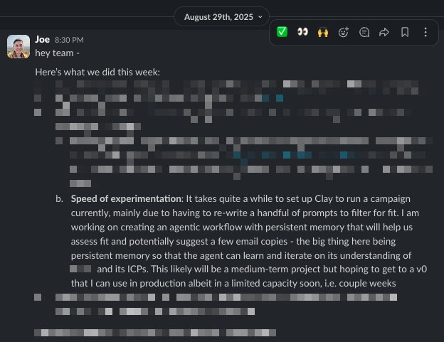The original Slack message from August 2025 that started it all